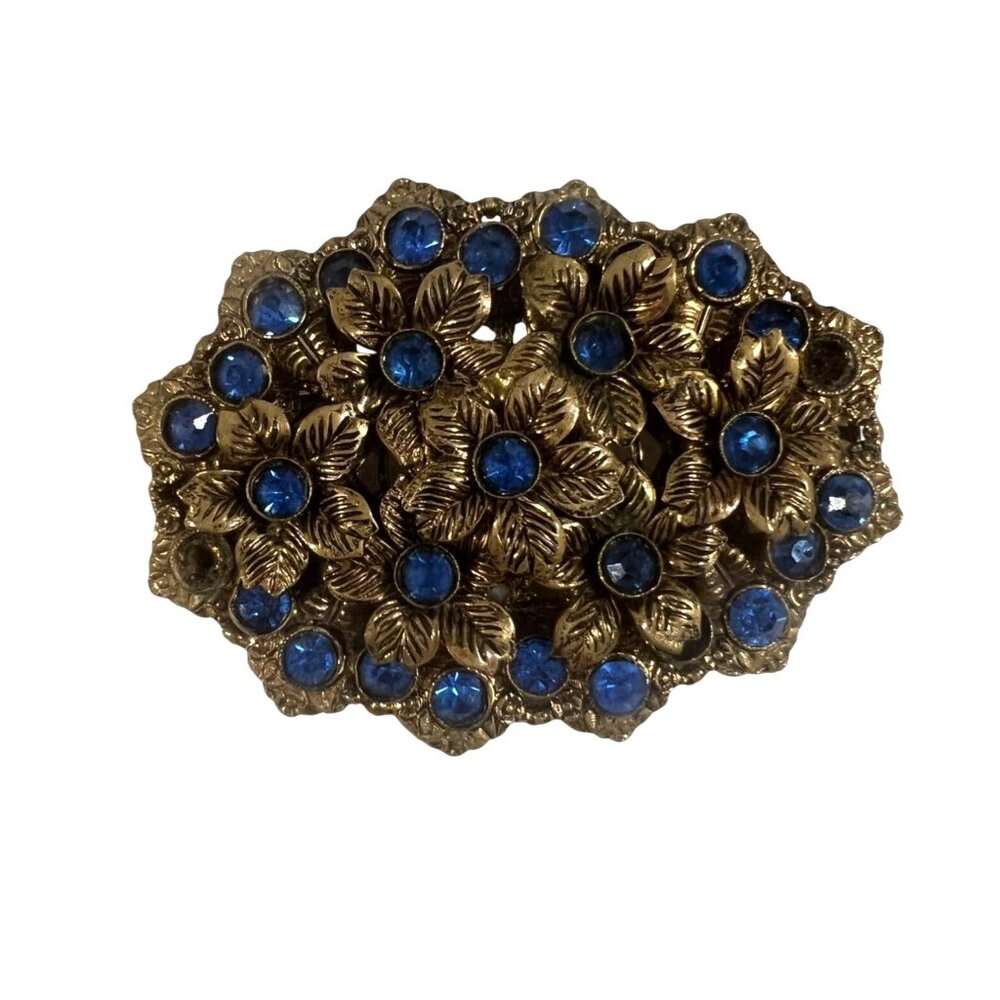 Vintage Art Nouveau Czech Brooch Blue Rhinestones & Floral Gold-Tone Filigree